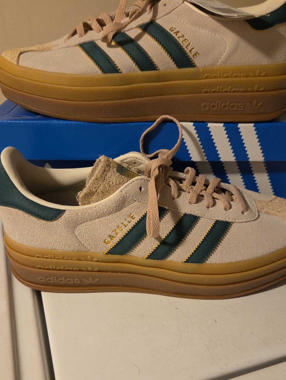 adidas Gazelle . Womens Size 10. Suede Sneaker in Beige with Dark Green Stripes.